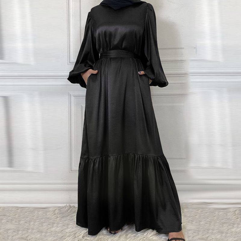Satin Plain Belted Hijab Dress | Evening Dress