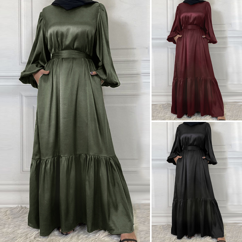 Satin Plain Belted Hijab Dress | Evening Dress
