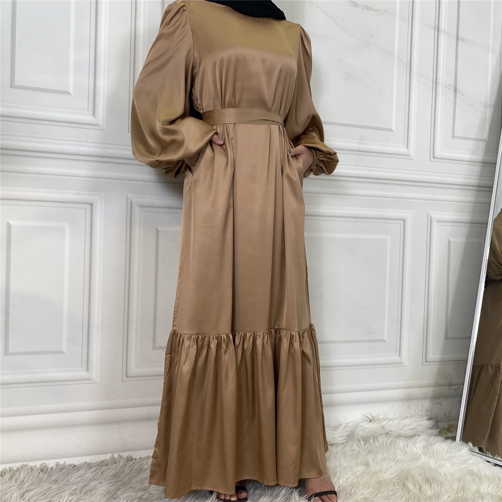 Satin Plain Belted Hijab Dress | Evening Dress