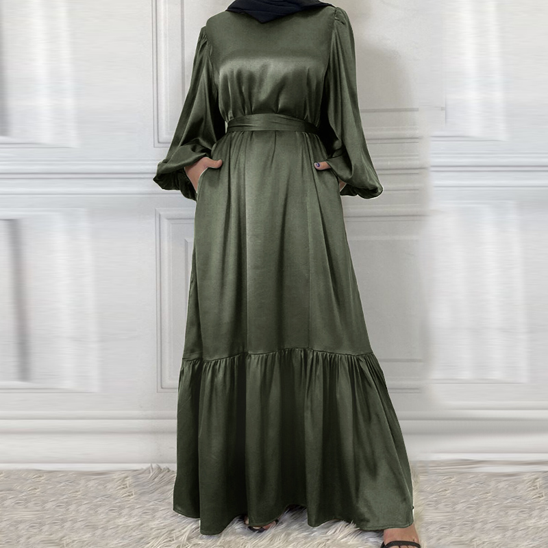 Satin Plain Belted Hijab Dress | Evening Dress