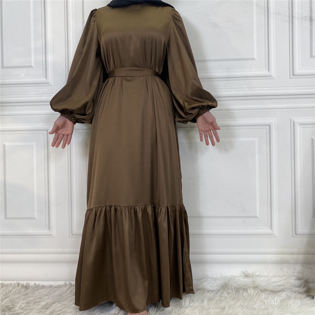 Satin Plain Belted Hijab Dress | Evening Dress