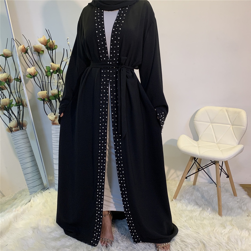 Pearls decorated open front abaya