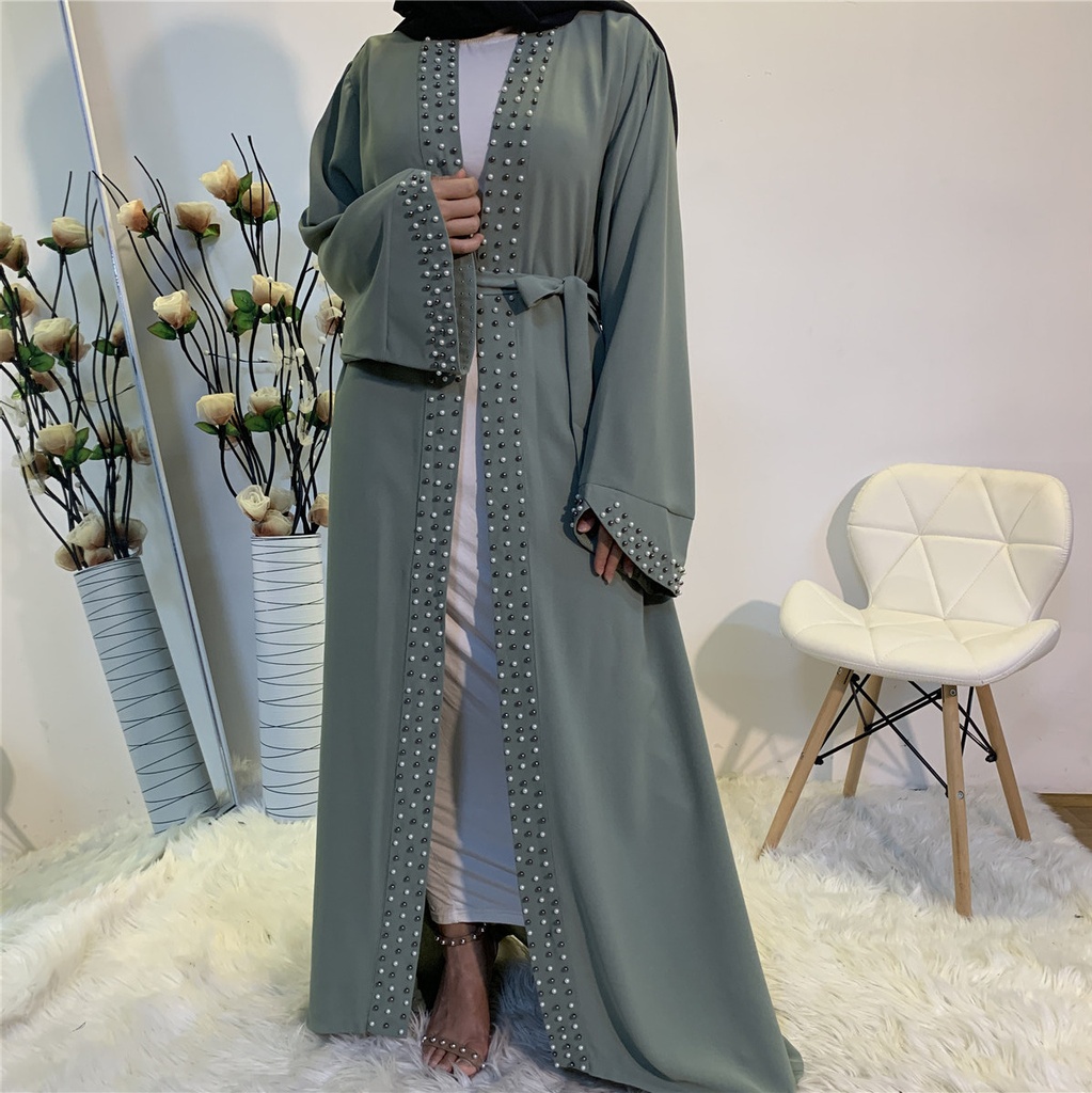Pearls decorated open front abaya