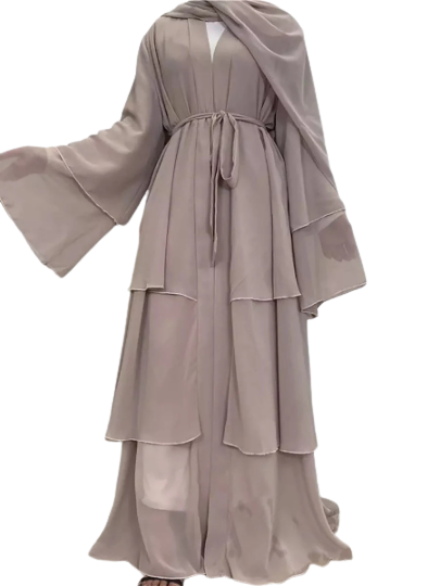 Three Layers Chiffon Open Front Abaya
