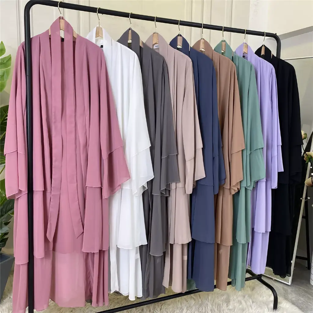 Three Layers Chiffon Open Front Abaya
