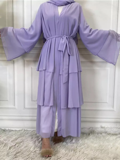 Three Layers Chiffon Open Front Abaya