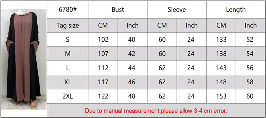 Flared sleeve closed abaya attached inner cover
