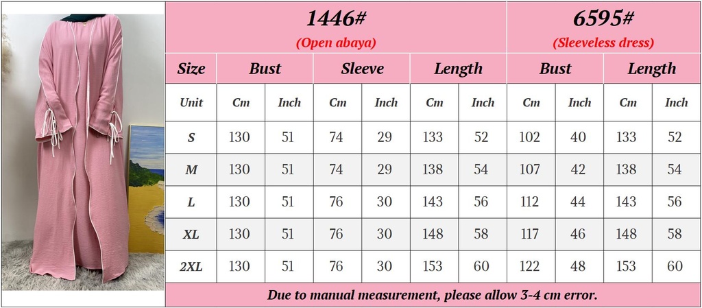 2 PCS Set With inner Crepe Split Lace Up Sleeves White Line Abaya Match Loose