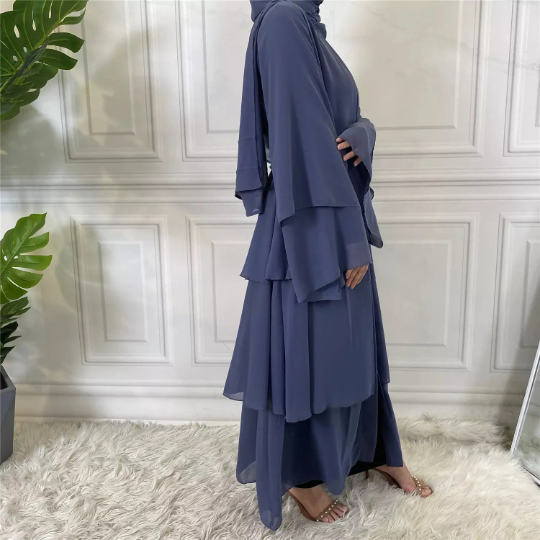 Three Layers Chiffon Open Front Abaya
