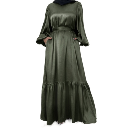 Satin Plain Belted Hijab Dress | Evening Dress